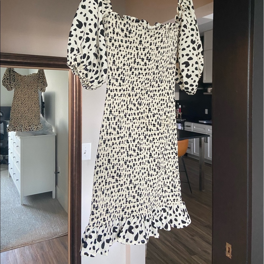 Smocked Cow Print Body Con Dress With Off Shoulder Puff Sleeves